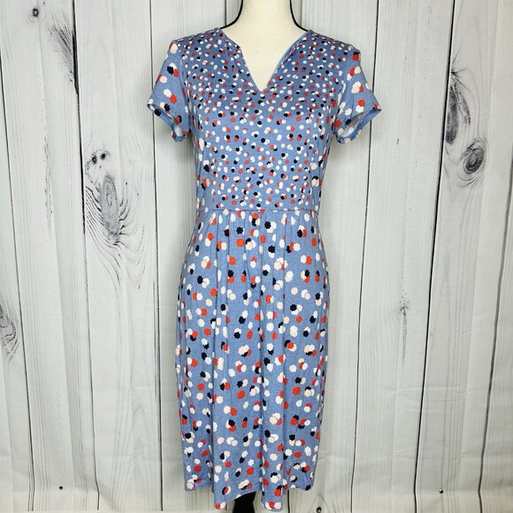 Boden Emory Jersey Sheath Midi Dress Womens Sz 6R Blue Polka Dot Cap Sleeves - Picture 1 of 10